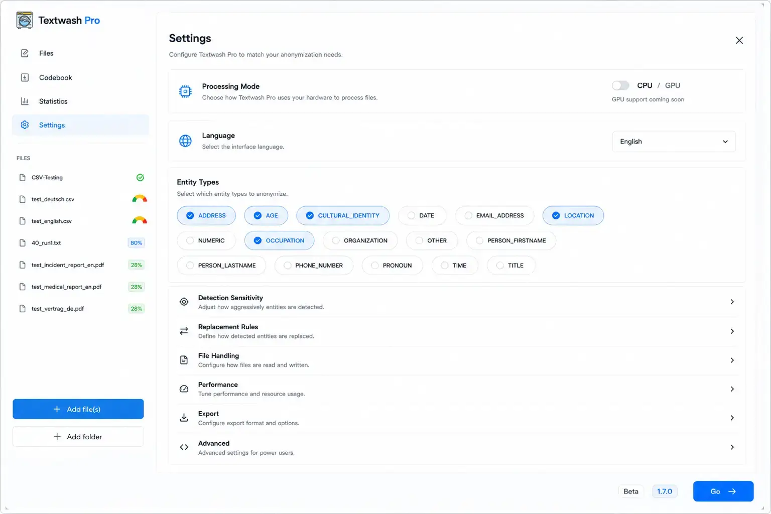 Textwash Pro Einstellungen und Auswahl der Entitätstypen
