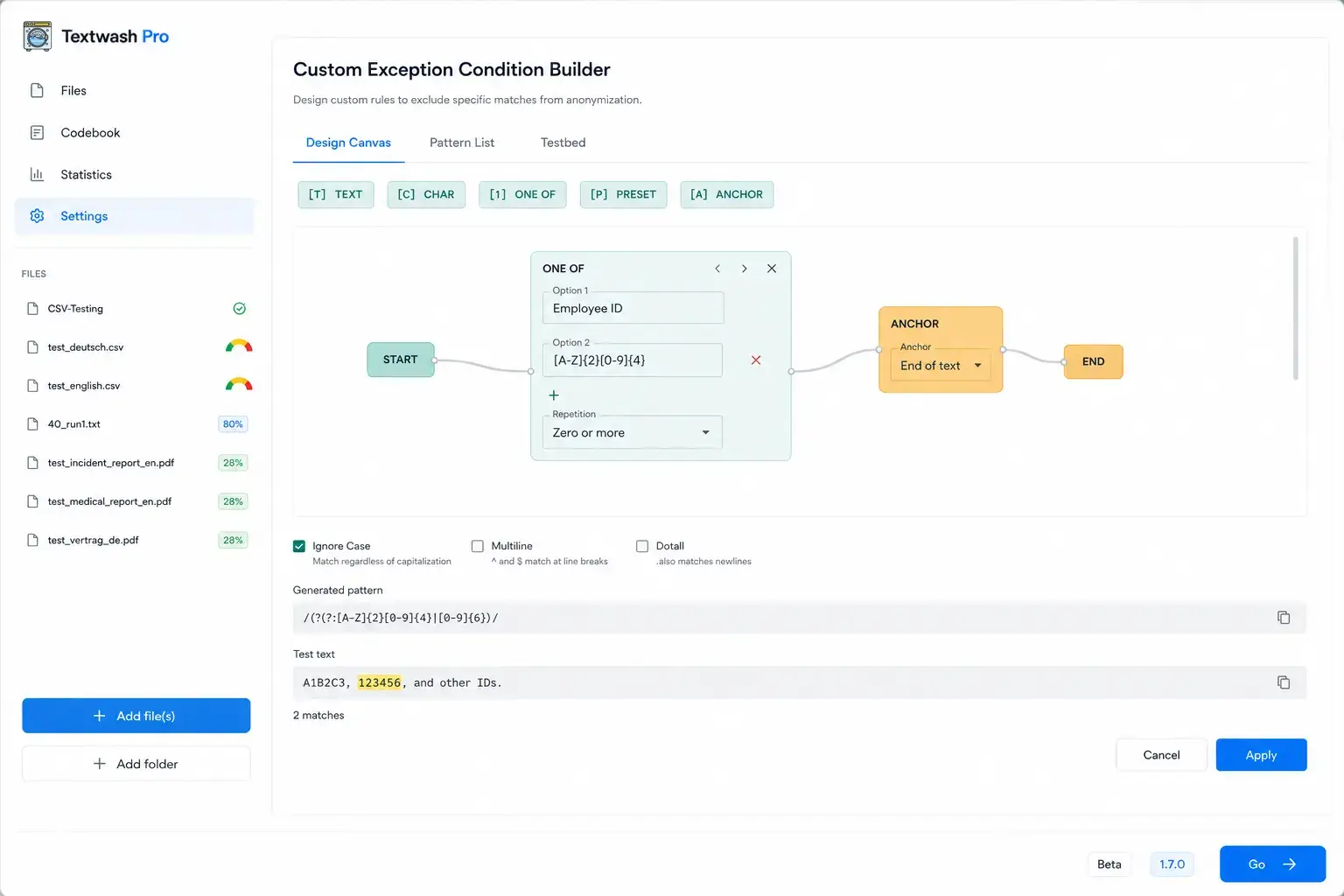 Textwash Pro Builder für benutzerdefinierte Ausnahmebedingungen